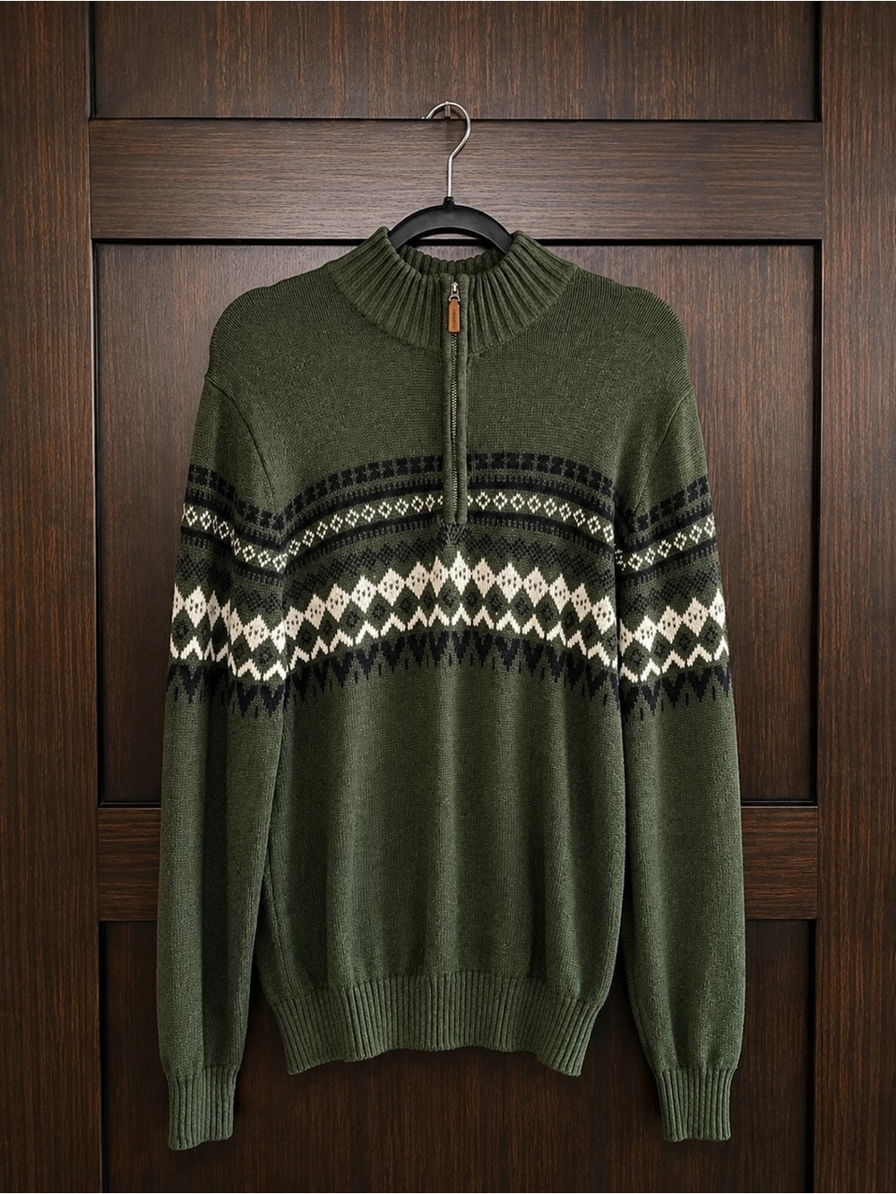 St. John's Bay Olive Green Fair Isle Zip-Neck Sweater